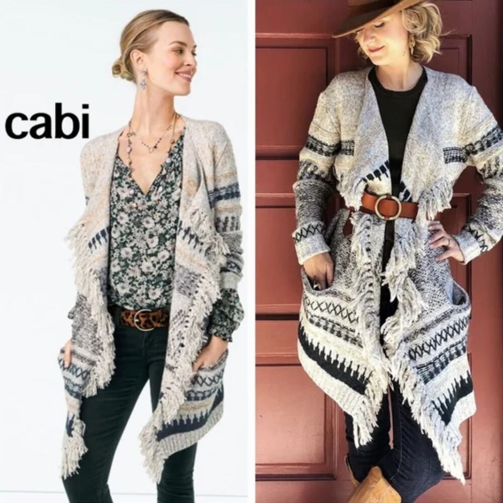CABI Shetland Fringe Cardigan Sweater Cotton Stretch Pockets Open Front Sz S